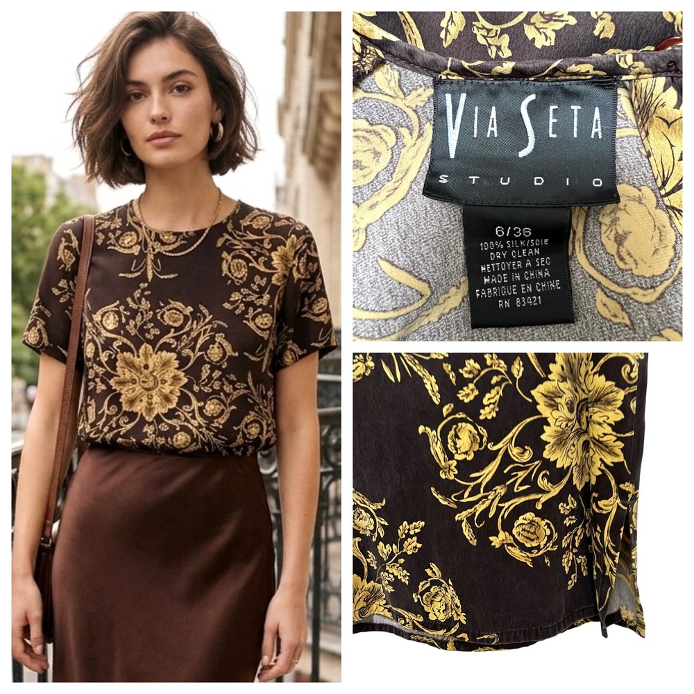 Via Seta Vintage‎ 90s Silk Baroque Blouse Brown Gold Sz 6 Old Money Office Siren